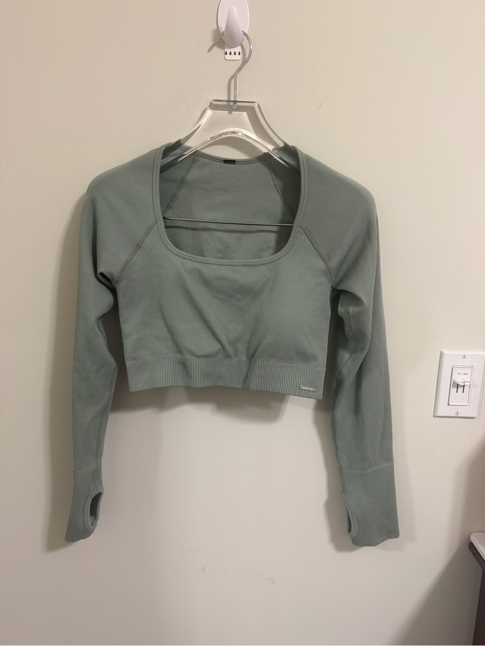Savage X Fenty Ribbed Crop Top Long Sleeve Thumbholes Square Neck Sage Green